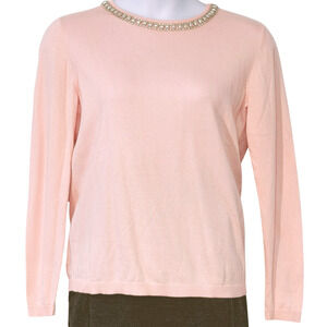 Elle Sz L Pullover Knit Sweater Coquette Pink with Silver Jewels on Neckline New